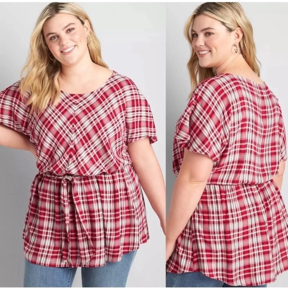 Lane Bryant Red, White/Cream, Black Plaid Peplum Self-Tie Belt Blouse in Size 18